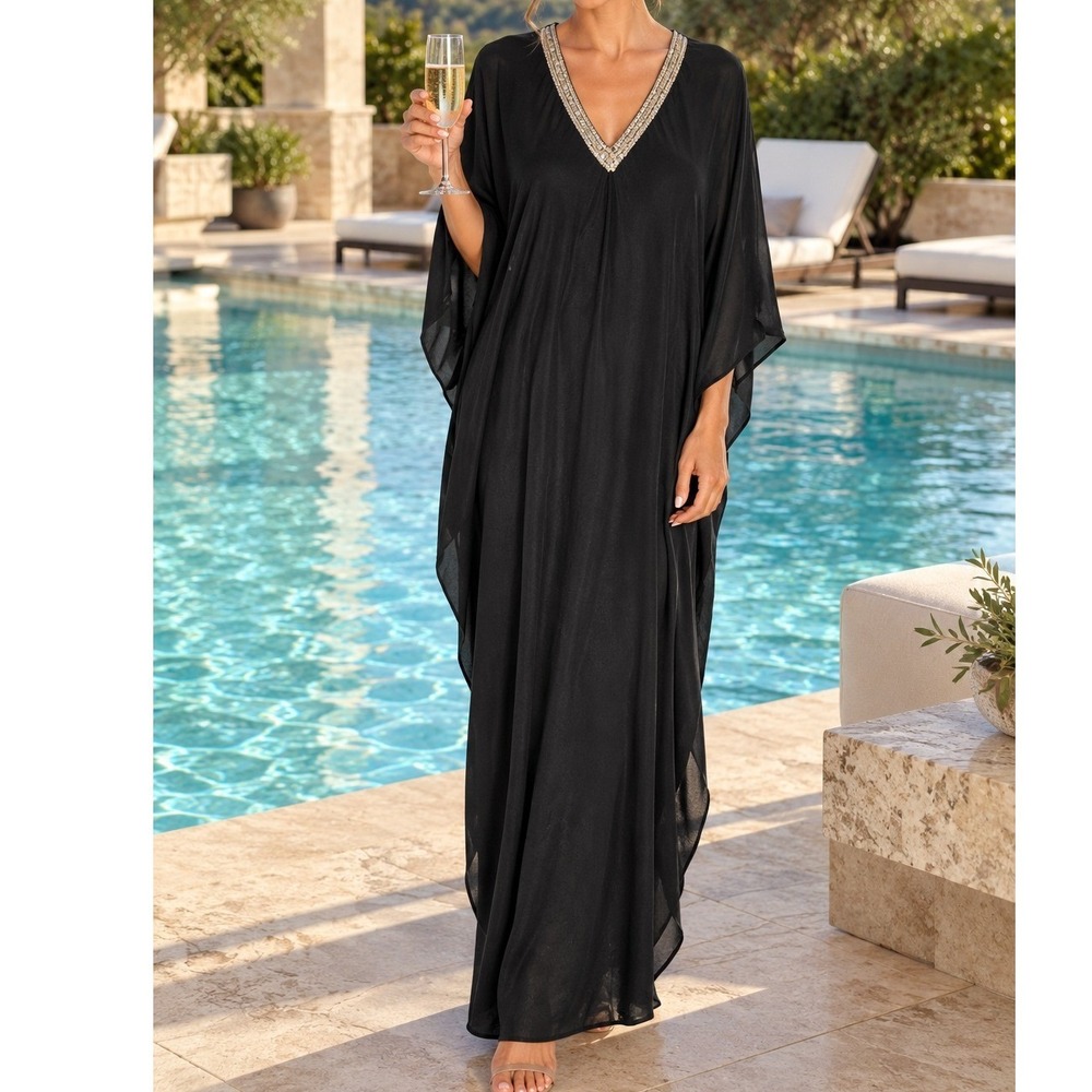 Teddi of California Vintage Black Sequin V-Neck Kaftan Maxi Dress Medium